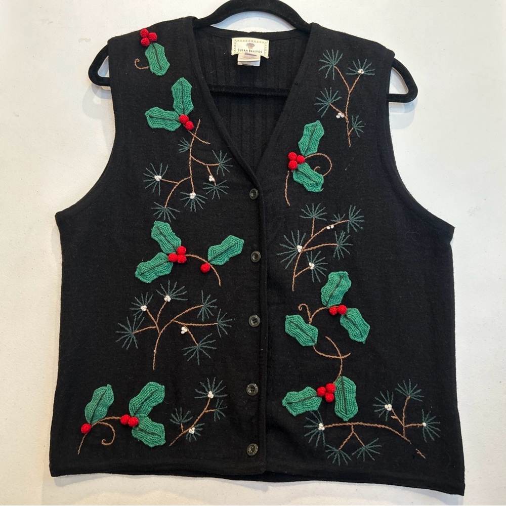 1998 Vintage Susan Bristol Hand Embroidered Wool Holiday Cardigan Sweater Vest M